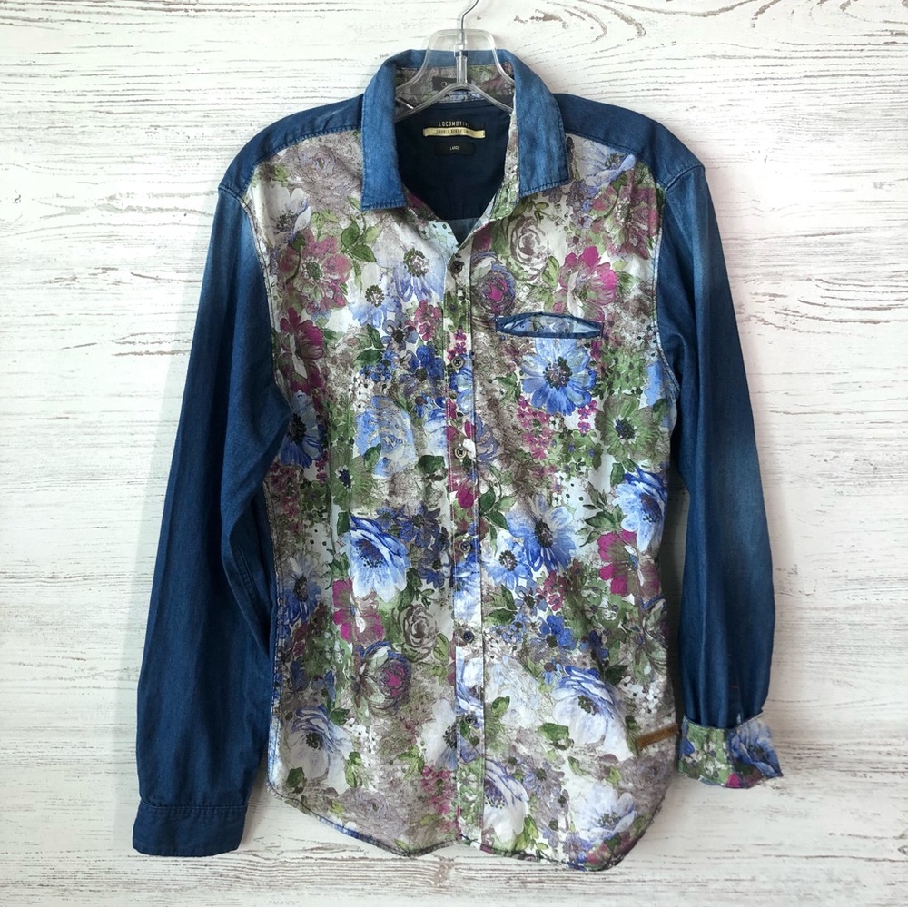 *3/$20* LOCOMOTIVE Black Label Slim Fit Chambray Denim Floral Flip Cuff Shirt L